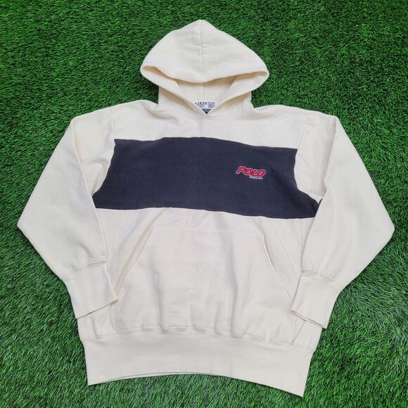 POLO Jeans Colorblock Hoodie Large 23x25 Ivory Blue Ralph-Lauren - Picture 1 of 14
